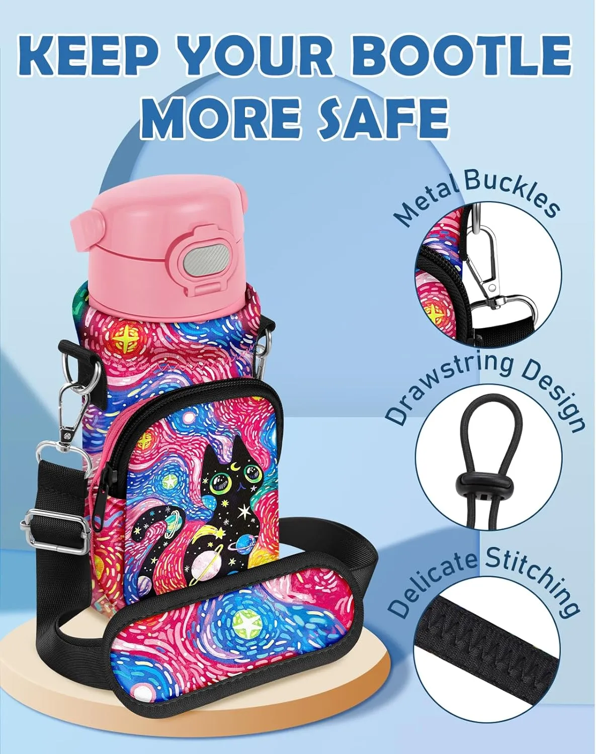 Water Bottle Carrier with Strap - Insulated Neoprene Water Bottle Holder Bag with Pocket for 14-20 oz