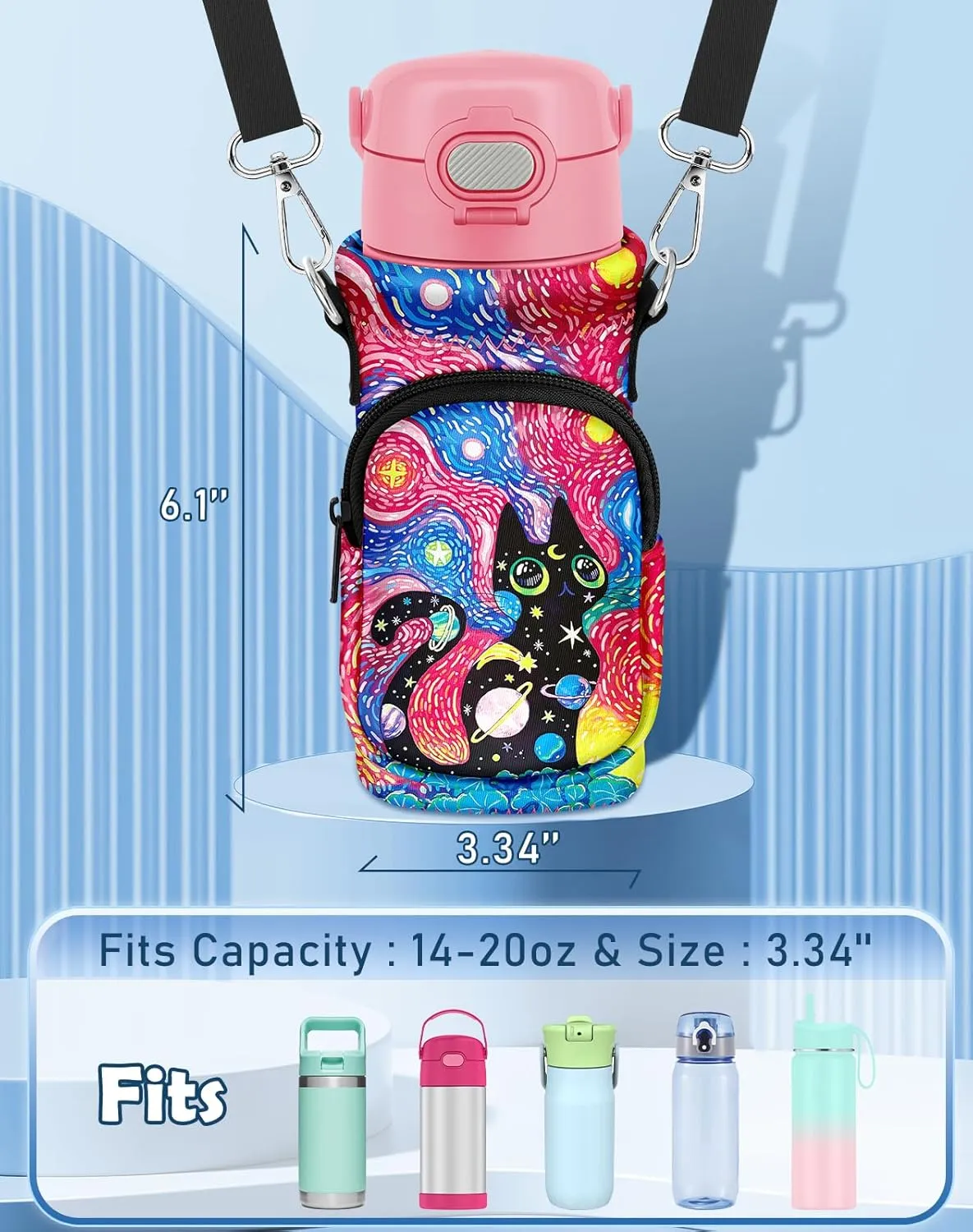 Water Bottle Carrier with Strap - Insulated Neoprene Water Bottle Holder Bag with Pocket for 14-20 oz