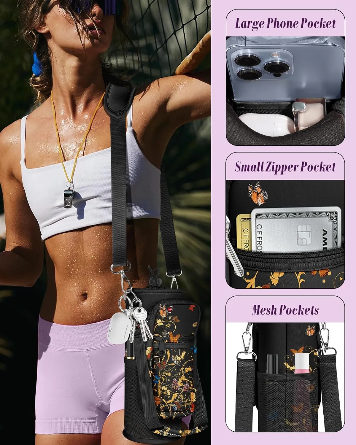 Water Bottle Holder Carrier Bag with Strap - Crossbody Sling for Walking with Phone Pocket Insulated for 32 24 oz