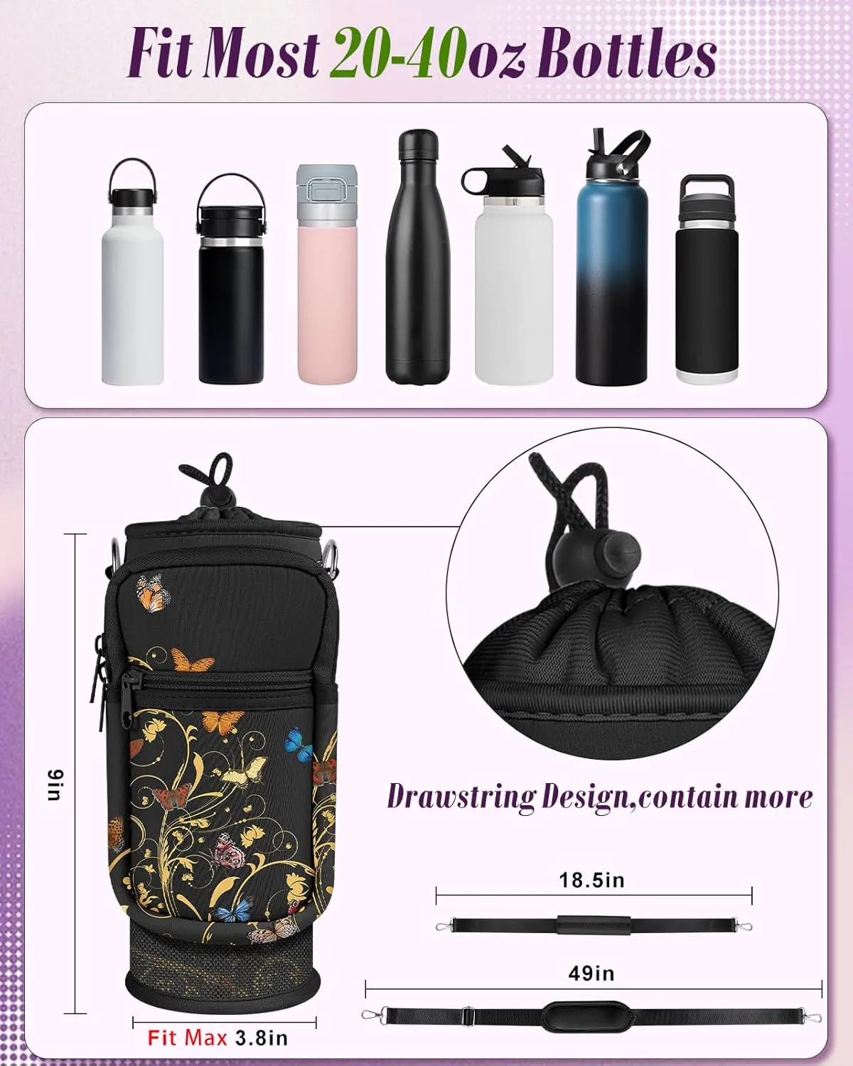 Water Bottle Holder Carrier Bag with Strap - Crossbody Sling for Walking with Phone Pocket Insulated for 32 24 oz
