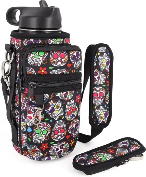 Water Bottle Holder Sling Bag Sleeve Carrier 32oz 40oz 64oz, Insulated Crossbody Water Bottle Case Cover with Padded Strap and 2 Pockets for Walking Hiking Camping