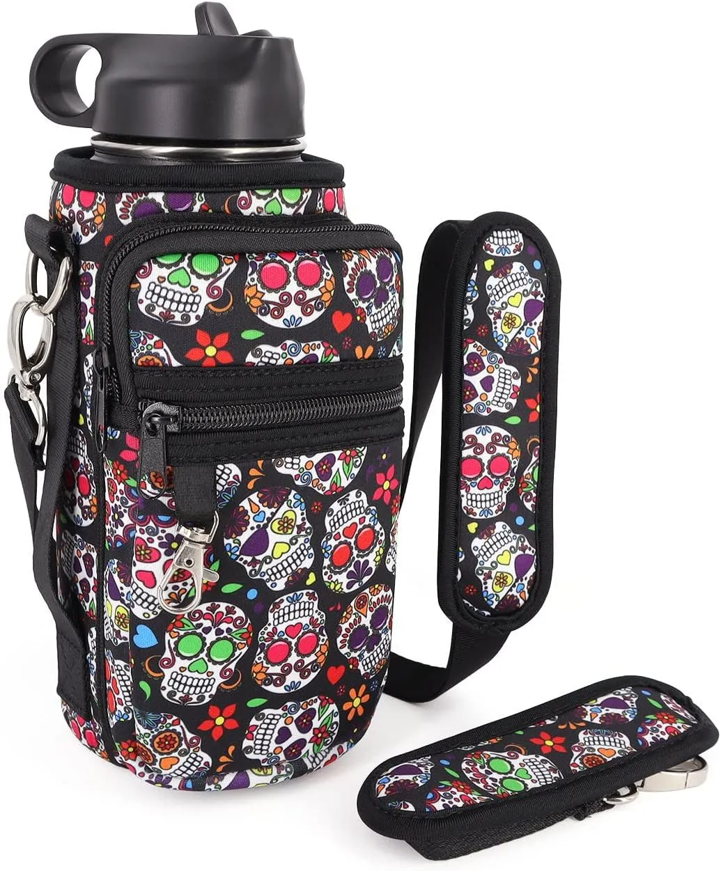 Water Bottle Holder Sling Bag Sleeve Carrier 32oz 40oz 64oz, Insulated Crossbody Water Bottle Case Cover with Padded Strap and 2 Pockets for Walking Hiking Camping