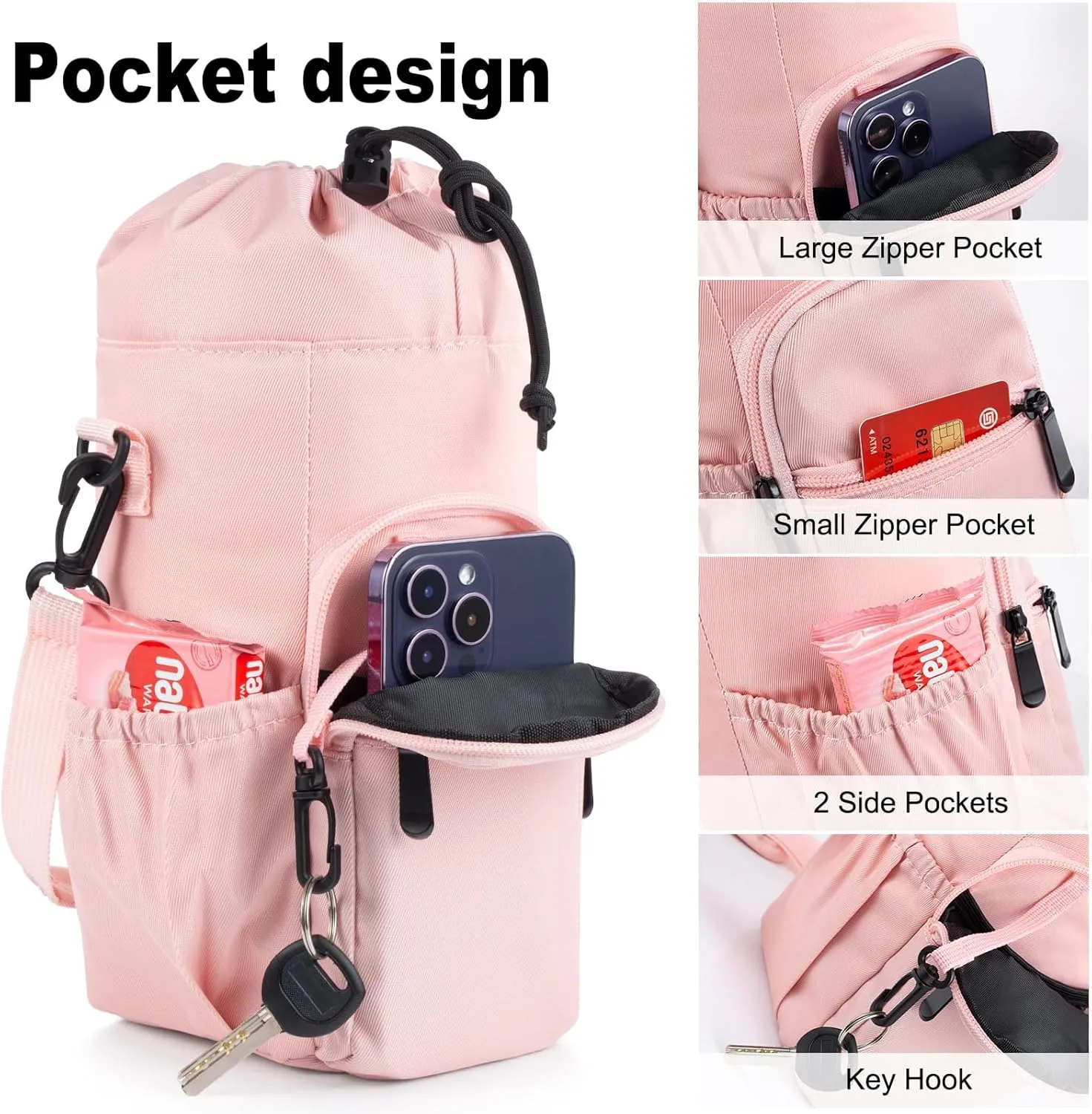 Water Bottle Holder with Strap 32oz 40oz 16 64oz Water Bottle Holder with Strap Insulated Water Bottle Carrier Sling Bag with Phone Pocket Water Bottle Sling Bag for Water Bottle Accessories