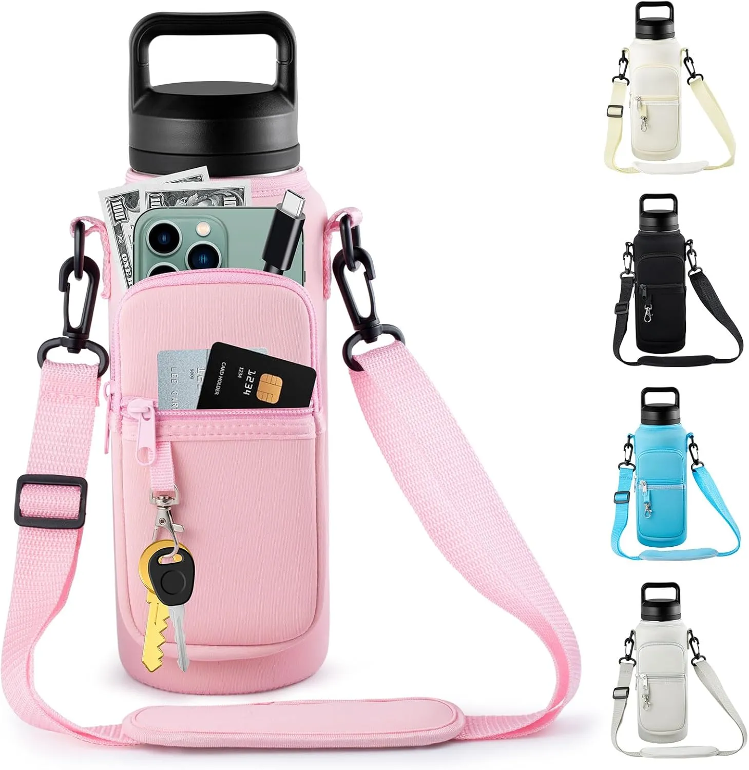 Water Bottle Holder with Strap for Hydroflask 32oz 40oz Carrier Sling Bag with Phone Pocket Water Bottle Sleeve for Hiking Camping