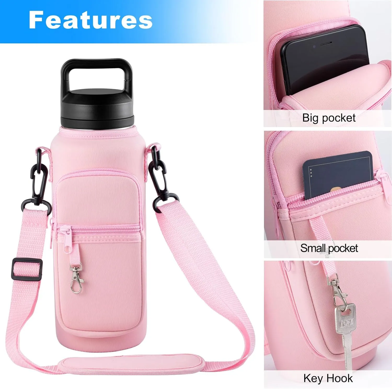 Water Bottle Holder with Strap for Hydroflask 32oz 40oz Carrier Sling Bag with Phone Pocket Water Bottle Sleeve for Hiking Camping