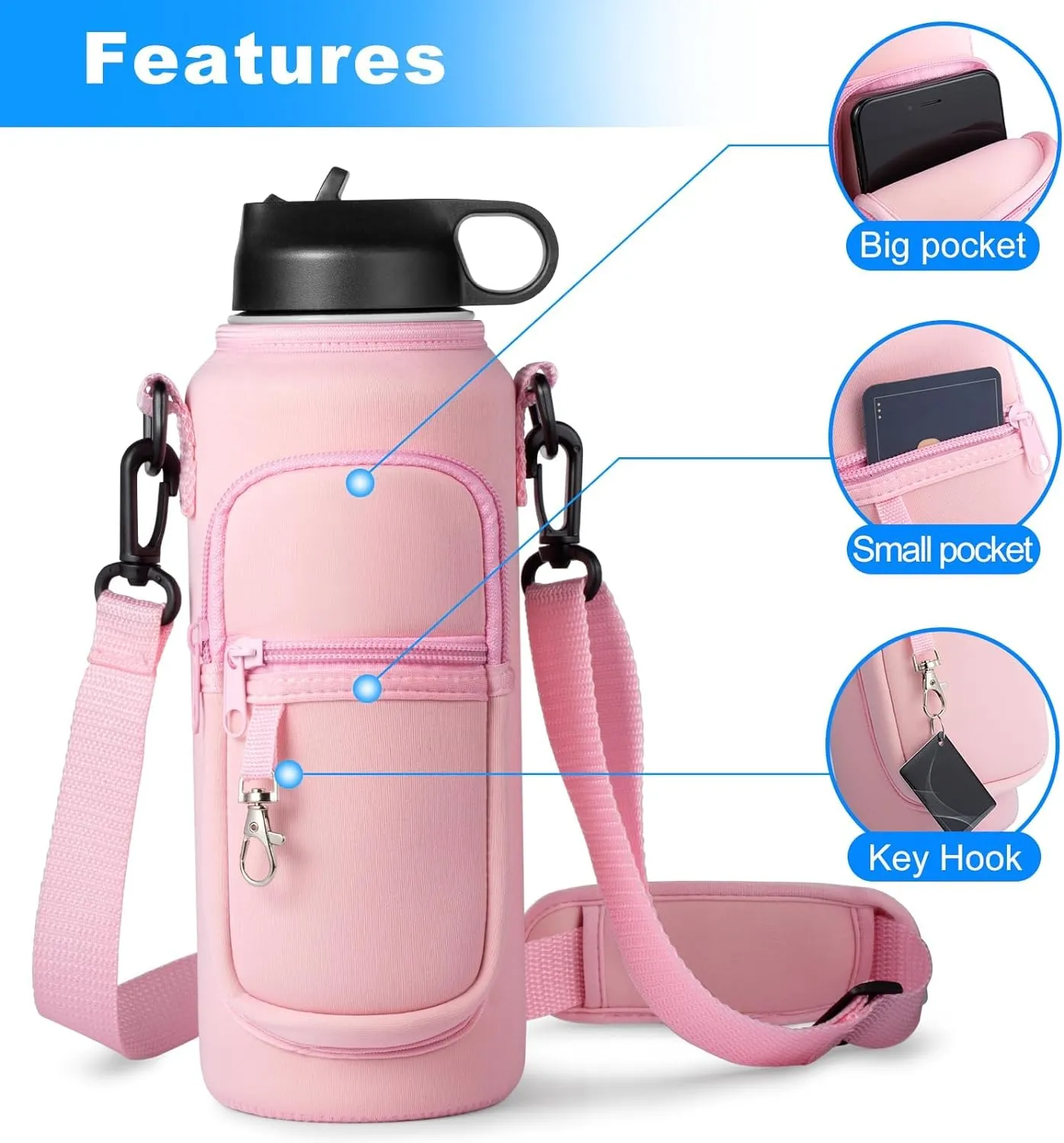 Water Bottle Holder with Strap for Hydroflask 32oz 40oz Insulated Water Bottle, Carrier Sling Bag with Phone Pocket Water Bottle Sleeve for Men Women Hiking Camping Travelling
