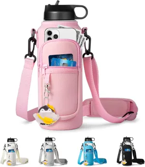 Water Bottle Holder with Strap for Hydroflask 32oz 40oz Insulated Water Bottle, Carrier Sling Bag with Phone Pocket Water Bottle Sleeve for Men Women Hiking Camping Travelling
