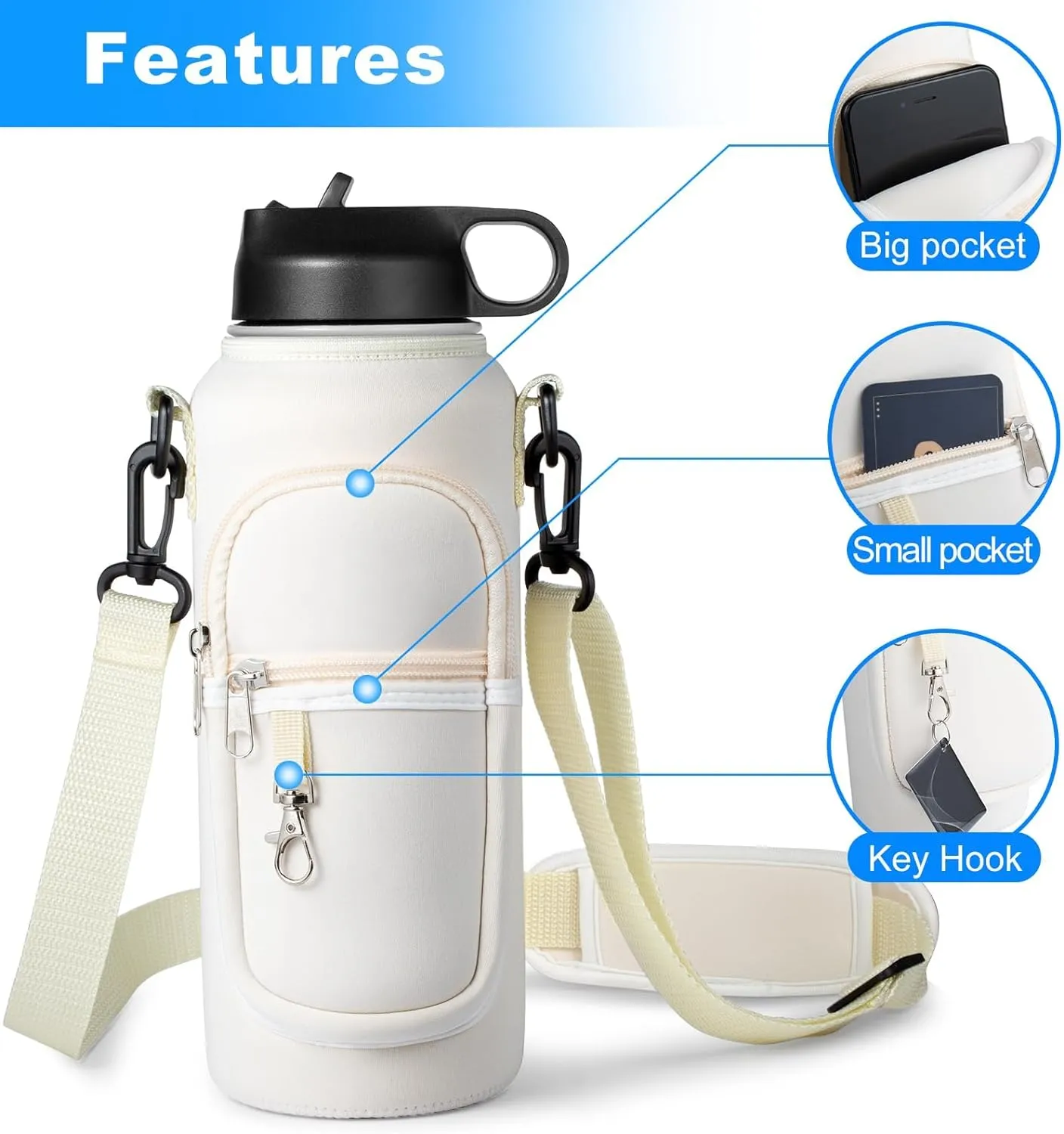 Water Bottle Holder with Strap for Hydroflask 32oz 40oz Insulated Water Bottle, Carrier Sling Bag with Phone Pocket Water Bottle Sleeve for Men Women Hiking Camping Travelling