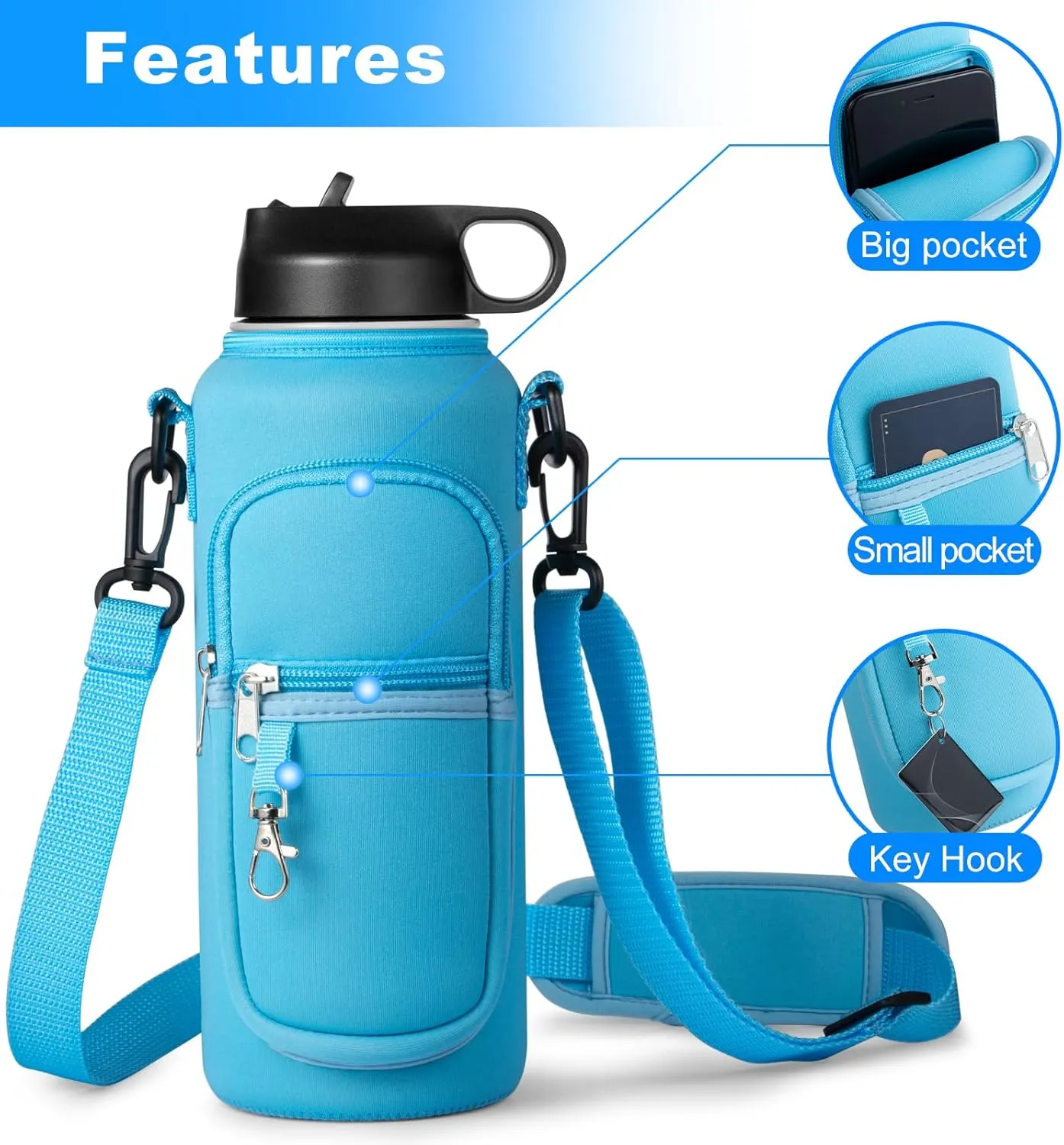 Water Bottle Holder with Strap for Hydroflask 32oz 40oz Insulated Water Bottle, Carrier Sling Bag with Phone Pocket Water Bottle Sleeve for Men Women Hiking Camping Travelling