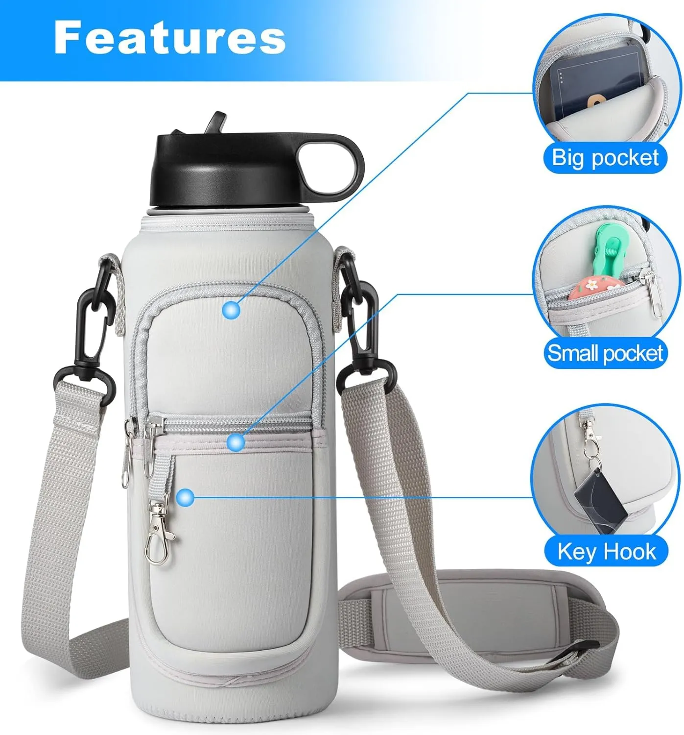 Water Bottle Holder with Strap for Hydroflask 32oz 40oz Insulated Water Bottle, Carrier Sling Bag with Phone Pocket Water Bottle Sleeve for Men Women Hiking Camping Travelling