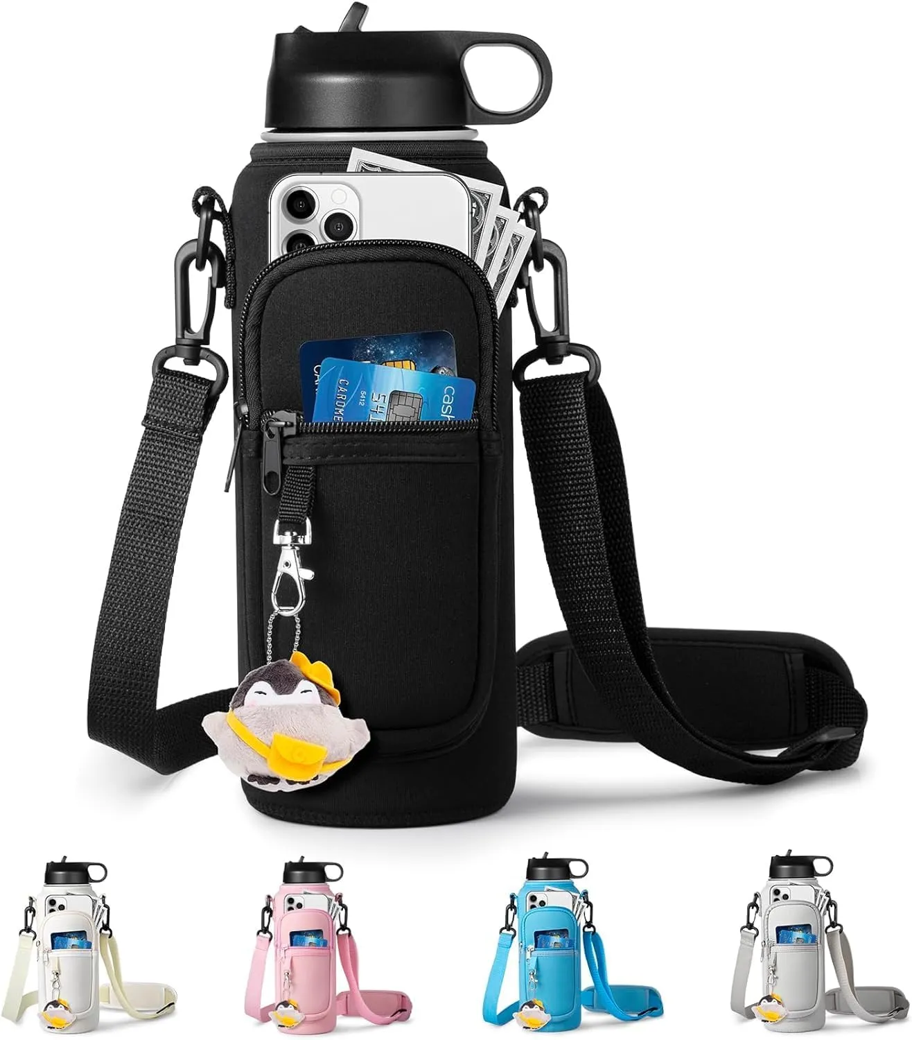 Water Bottle Holder with Strap for Hydroflask 32oz 40oz Insulated Water Bottle, Carrier Sling Bag with Phone Pocket Water Bottle Sleeve for Men Women Hiking Camping Travelling
