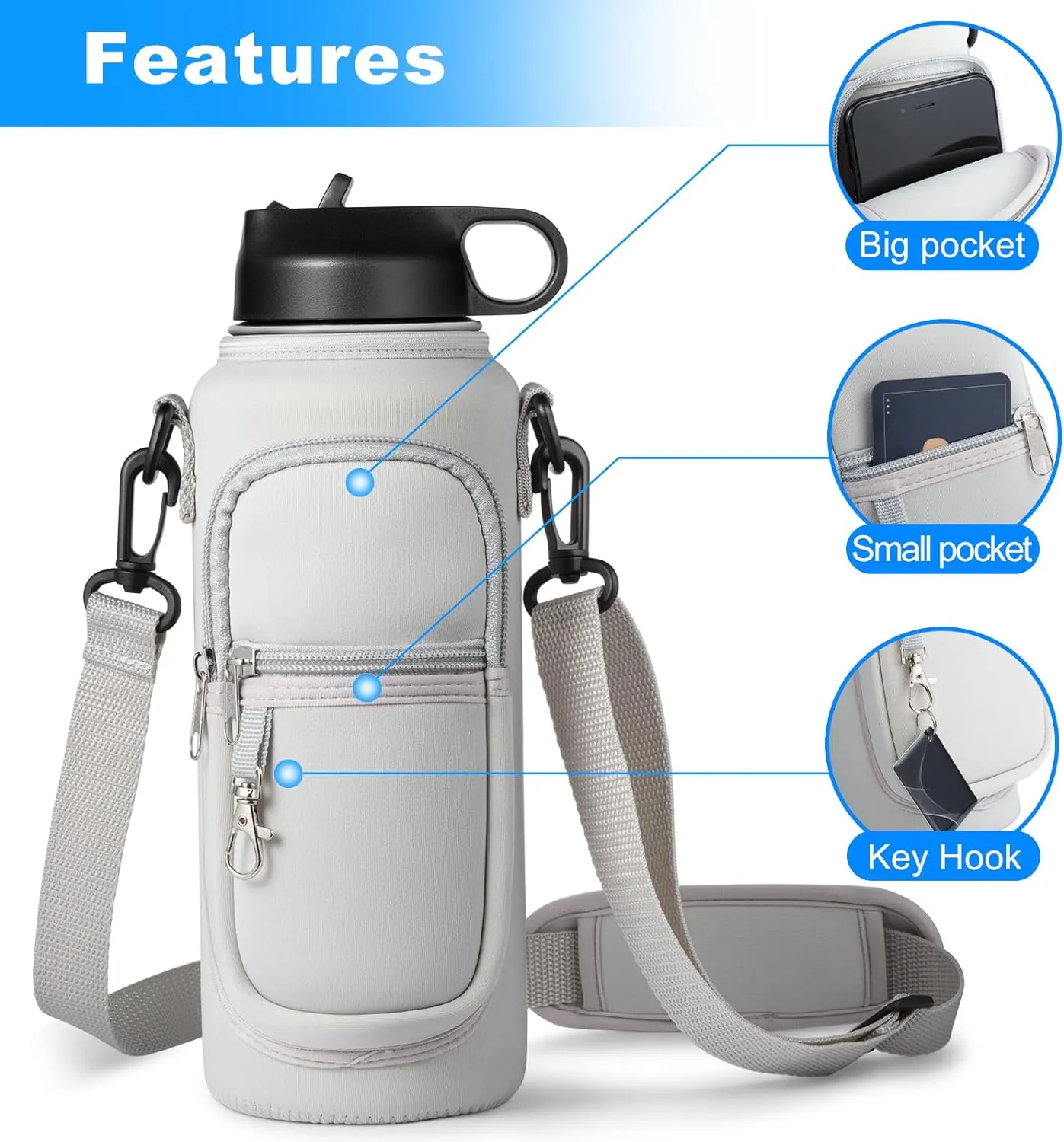 Water Bottle Holder with Strap for Hydroflask 32oz 40oz Insulated Water Bottle, Carrier Sling Bag with Phone Pocket Water Bottle Sleeve for Men Women Hiking Camping Travelling