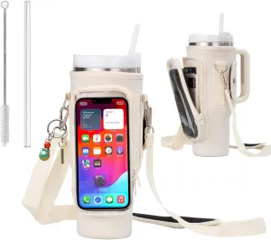 Water Bottle Holder with Strap for Stanley - Carrier Bag - Tumbler Crossbody Neoprene Sleeve - Adjustable Shoulder and Hand Sling - Phone Pocket Glass Straw and Brush - 40 oz Stanley Cup Accessories