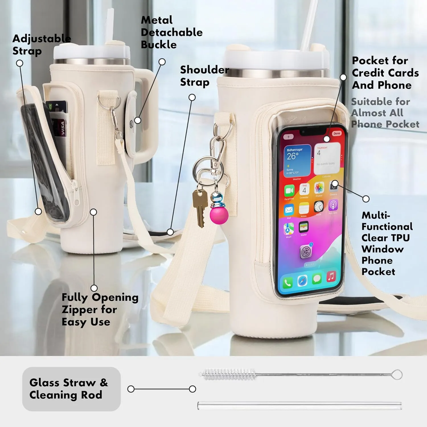 Water Bottle Holder with Strap for Stanley - Carrier Bag - Tumbler Crossbody Neoprene Sleeve - Adjustable Shoulder and Hand Sling - Phone Pocket Glass Straw and Brush - 40 oz Stanley Cup Accessories