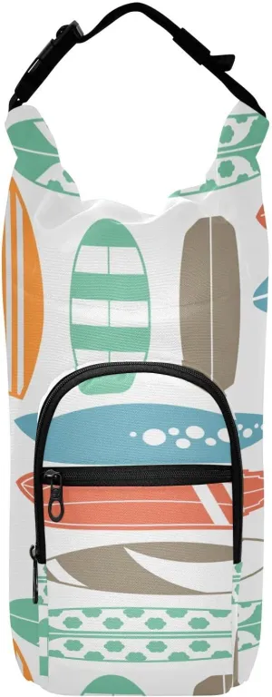 Water Bottle Sling Sleeve Bag, Bottle Carrier Holder Case Cover with Removable Strap Travel Mug Cup Storage with Pockets Print Sea Surfing Surfboards in Retro Colors Style