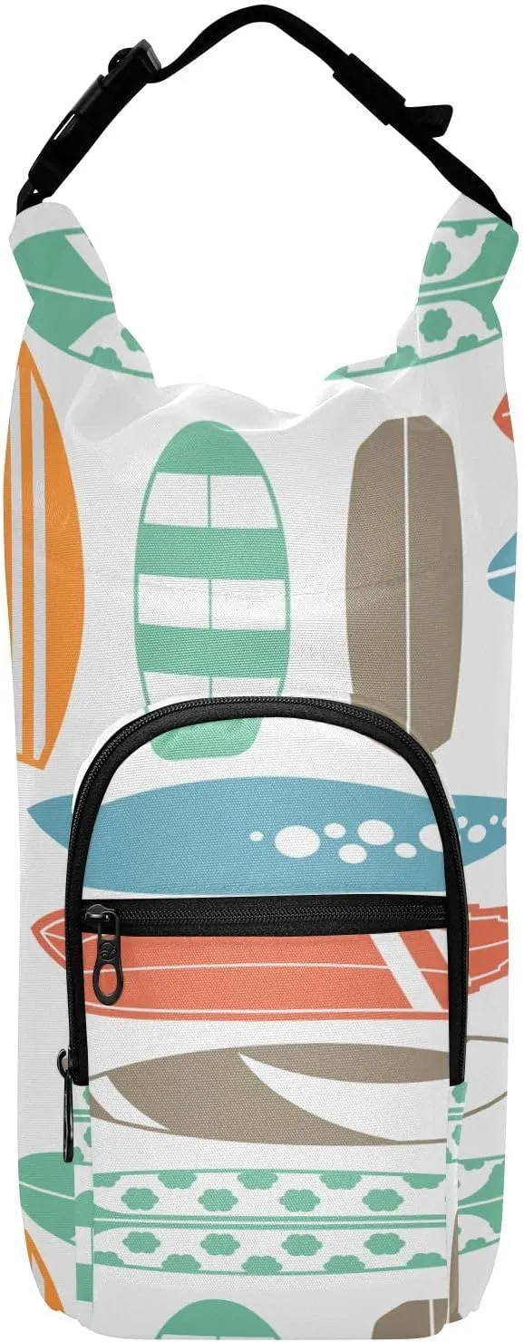 Water Bottle Sling Sleeve Bag, Bottle Carrier Holder Case Cover with Removable Strap Travel Mug Cup Storage with Pockets Print Sea Surfing Surfboards in Retro Colors Style