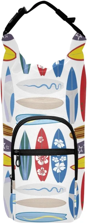 Water Bottle Sling Sleeve Bag, Bottle Carrier Holder Case Cover with Removable Strap Travel Mug Cup Storage with Pockets Print Sea Surfing Surfboards in Retro Colors