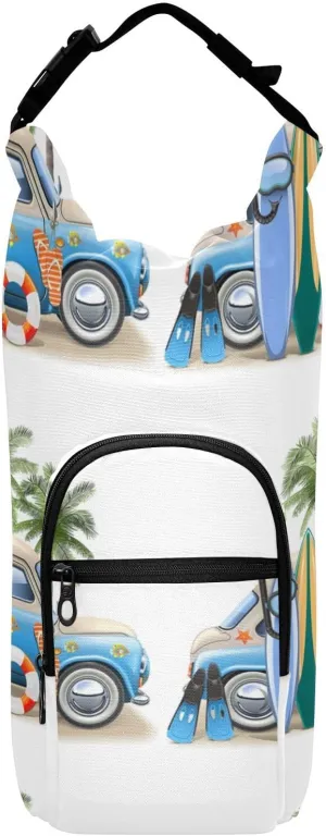 Water Bottle Sling Sleeve Bag, Bottle Carrier Holder Case Cover with Removable Strap Travel Mug Cup Storage with Pockets Print Summer Surfing Hamper Cat Van Surfboard Palm Trees Style