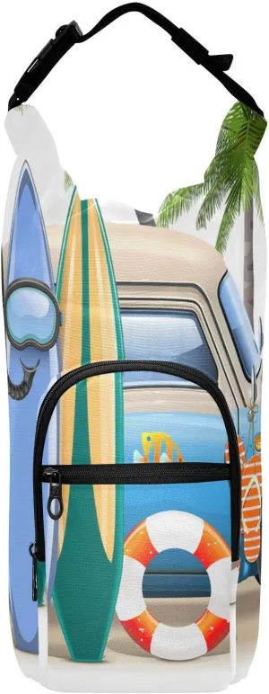 Water Bottle Sling Sleeve Bag, Bottle Carrier Holder Case Cover with Removable Strap Travel Mug Cup Storage with Pockets Print Summer Surfing Hamper Cat Van Surfboard Palm Trees
