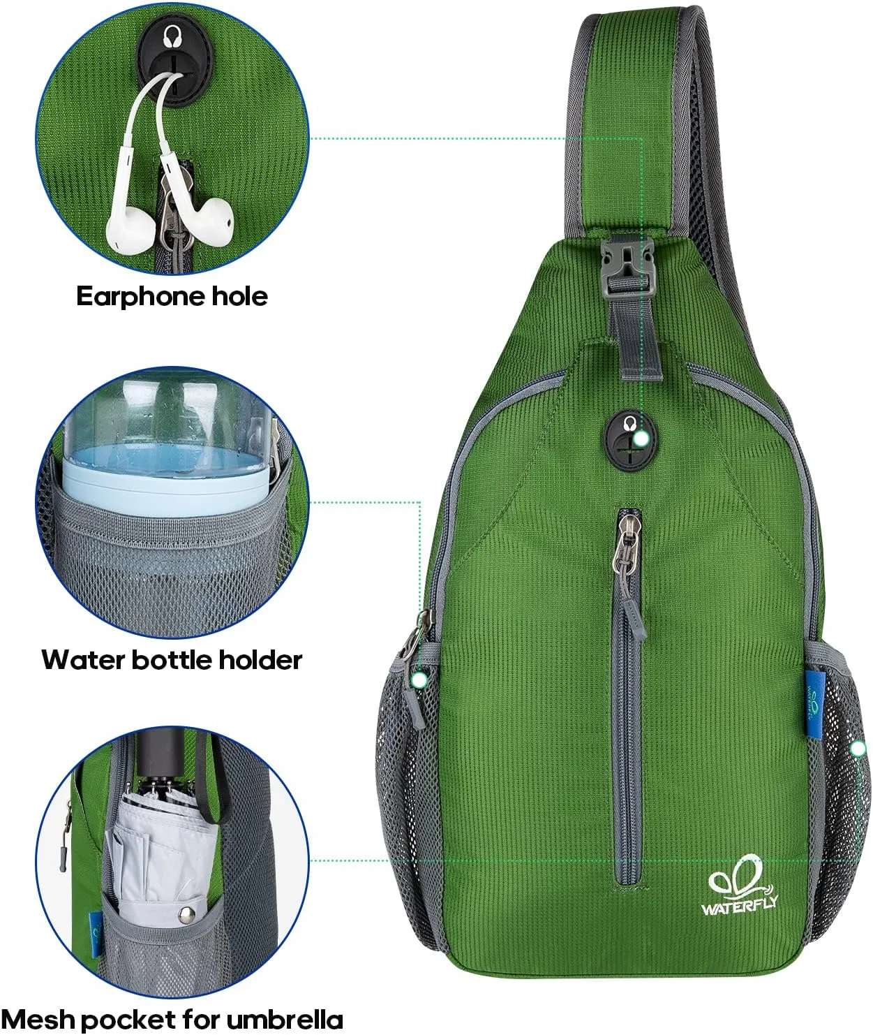 WATERFLY Crossbody Sling Backpack Sling Bag Travel Hiking Chest Bag Daypack
