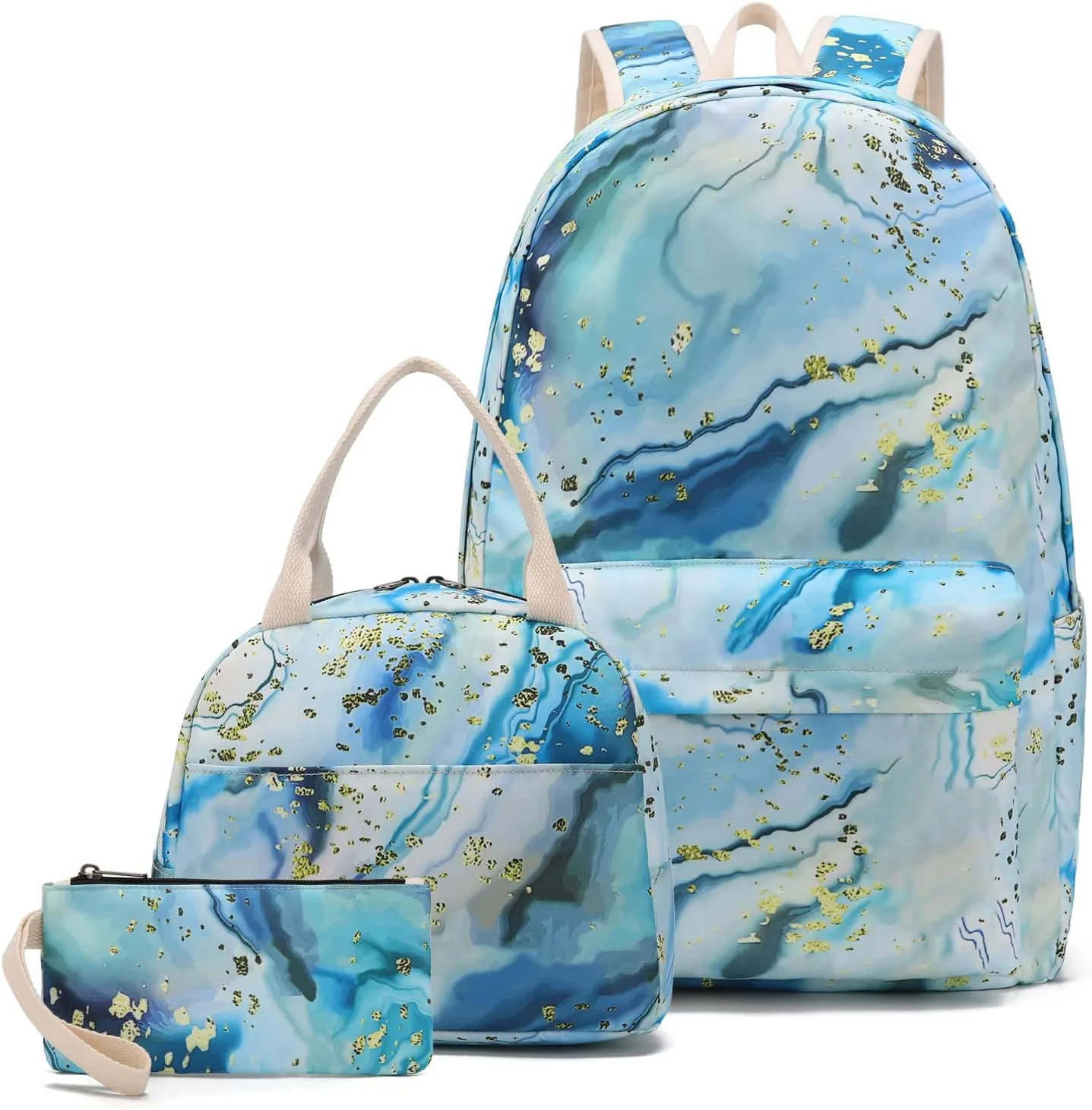 Waterproof School Backpack Set Fits 14" Laptop Backpack Daypack College School Bookbag with Lunch Box and Pencil Case (marble-blue)