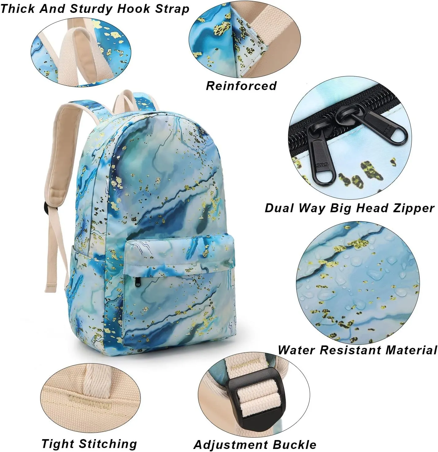 Waterproof School Backpack Set Fits 14" Laptop Backpack Daypack College School Bookbag with Lunch Box and Pencil Case (marble-blue)