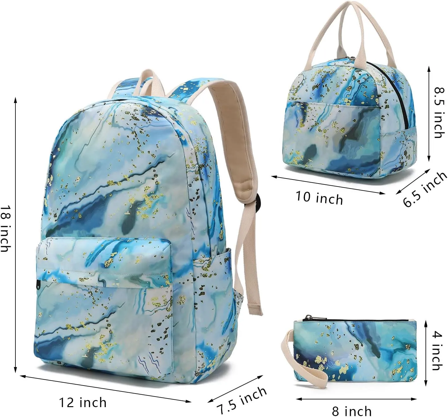 Waterproof School Backpack Set Fits 14" Laptop Backpack Daypack College School Bookbag with Lunch Box and Pencil Case (marble-blue)