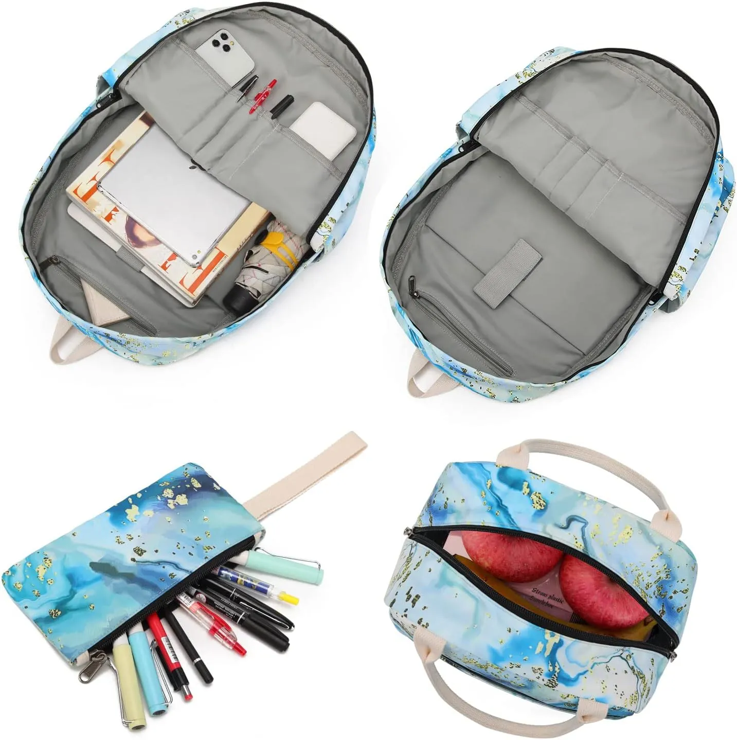 Waterproof School Backpack Set Fits 14" Laptop Backpack Daypack College School Bookbag with Lunch Box and Pencil Case (marble-blue)