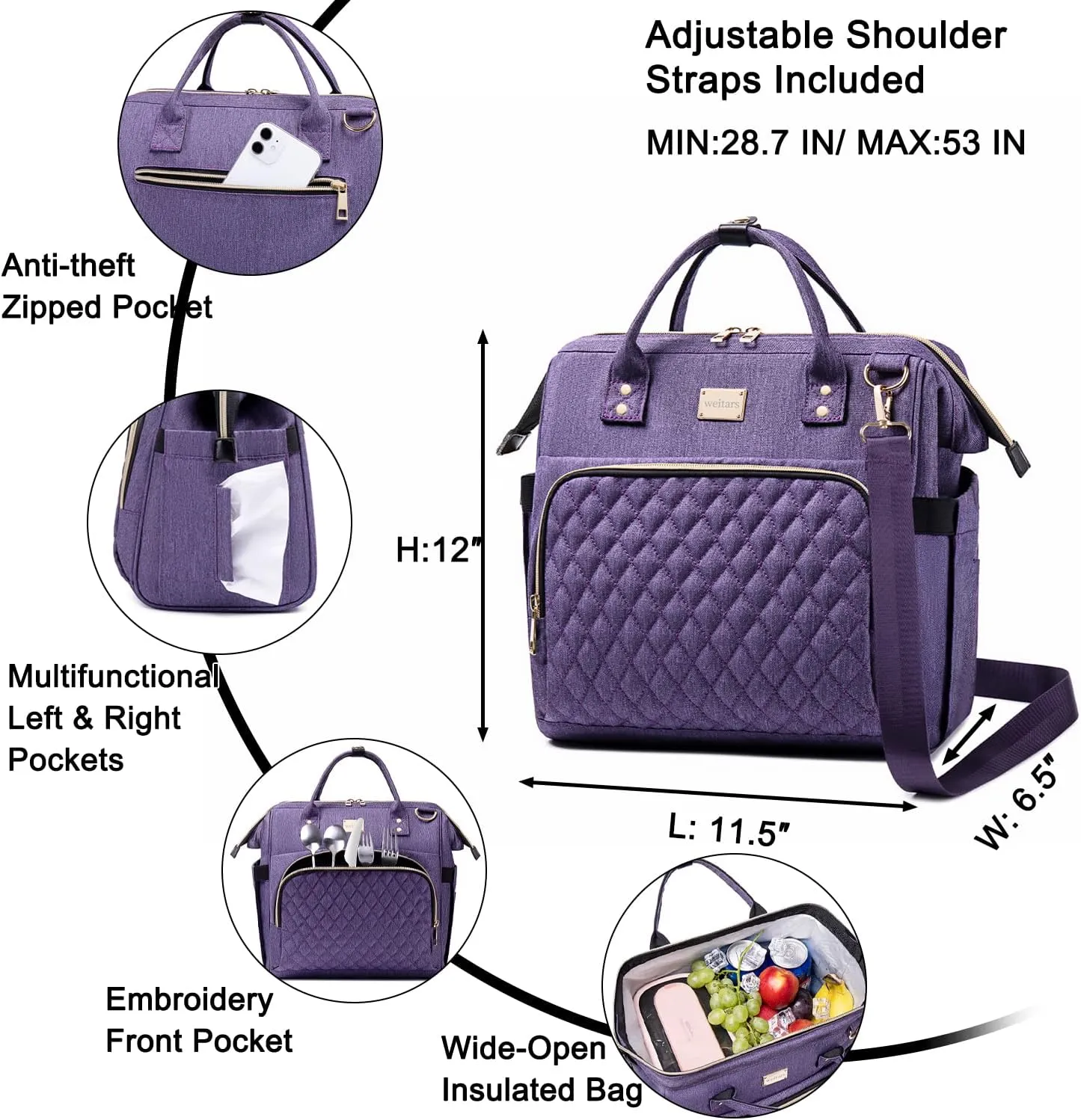 Weitars Lunch Bag for Women Cute Lunch Bag For Work,Insulated LunchBox Lunch Purse Leakproof Wide-Open Lonchera Lunchbag Lunch Tote With Pockets And Adjustable Strap For Office Picnic Beach