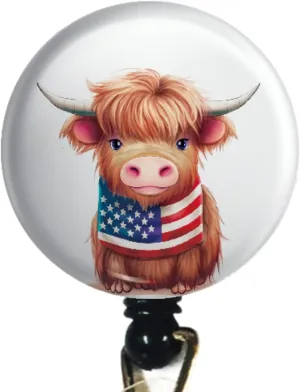 WigsPedia Retractable Name ID Badge Holder Reel/ID Badge Holder - Patriotic Baby Highland Cow USA Flag (Style#2) (Belt/Slide Clip)