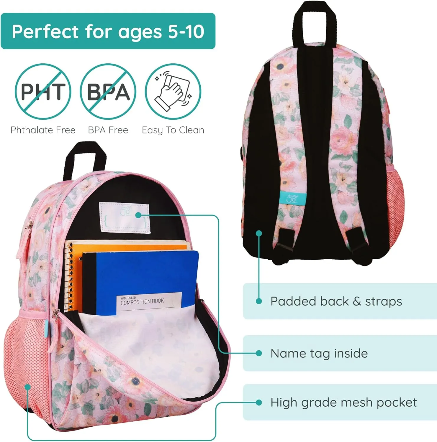 Wildkin JumpOff Jo 15-inch Kids Backpack – Durable, Adjustable, Ideal for School - Floral Watercolor