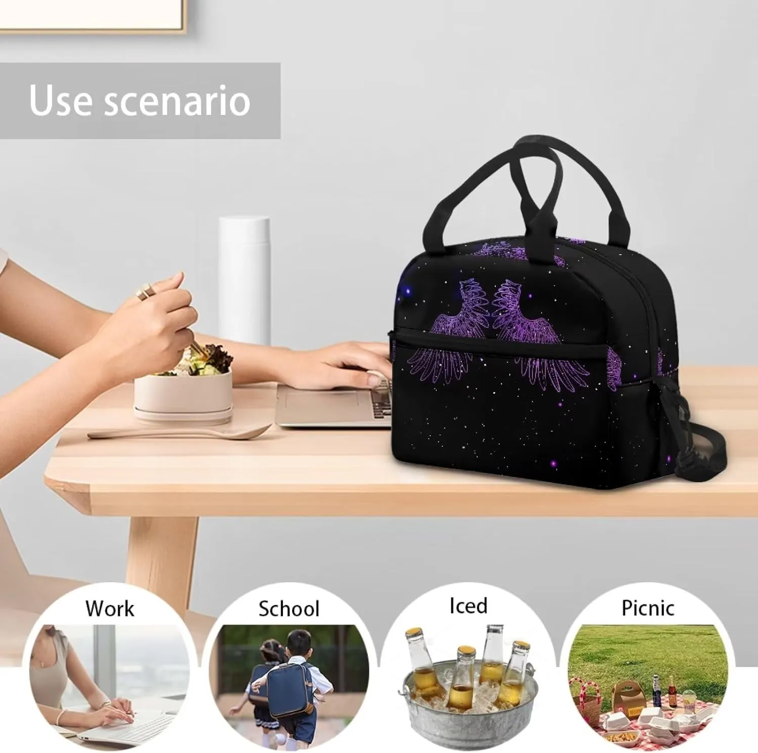 Wings Kids Bento Lunch Box Purple Lunch Box for Girls Primary School Lunchbox Preschool Lunch Tote Bag Kids Insulated Lunch Bag Children Cute Lunch Handbag with Adjustable Strap