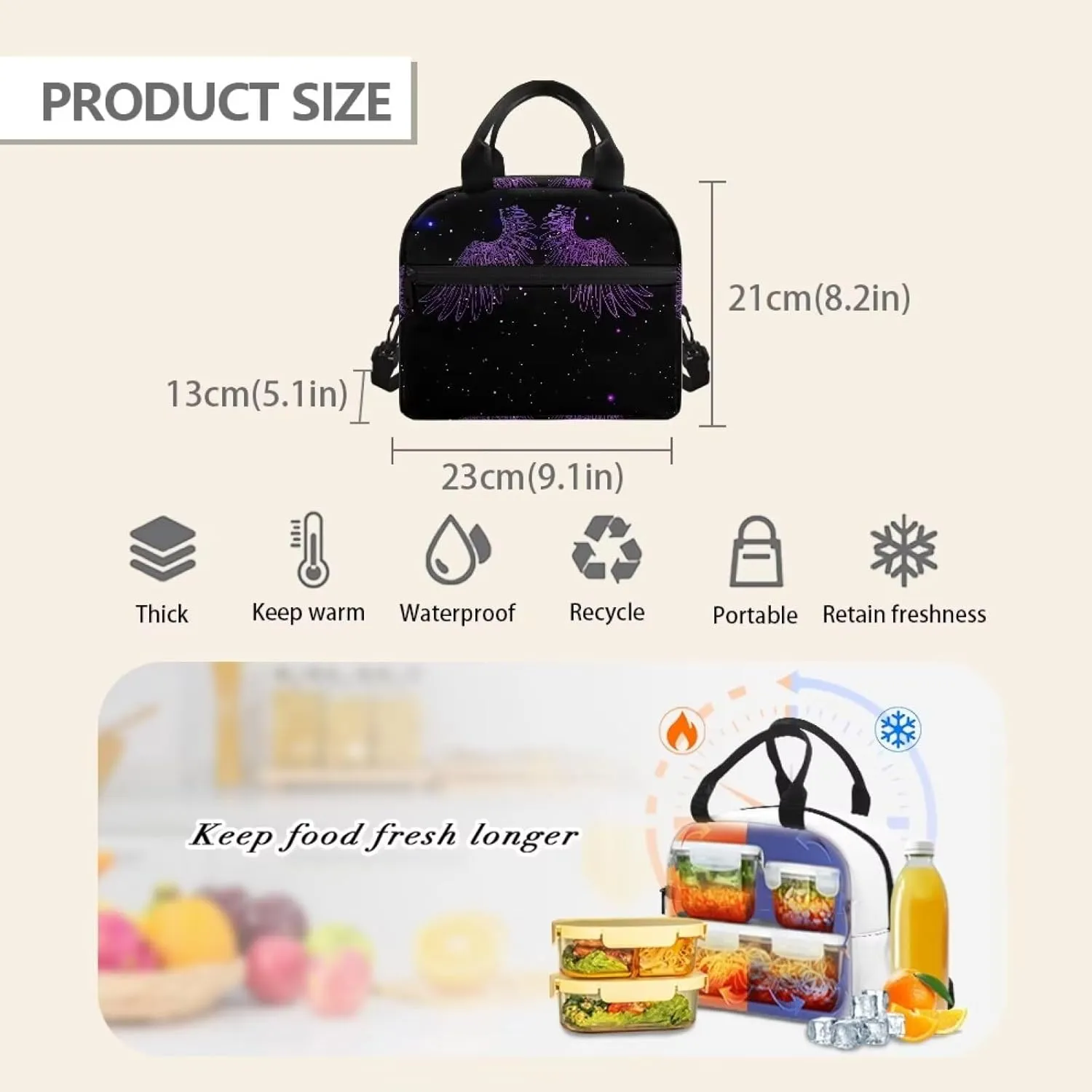Wings Kids Bento Lunch Box Purple Lunch Box for Girls Primary School Lunchbox Preschool Lunch Tote Bag Kids Insulated Lunch Bag Children Cute Lunch Handbag with Adjustable Strap