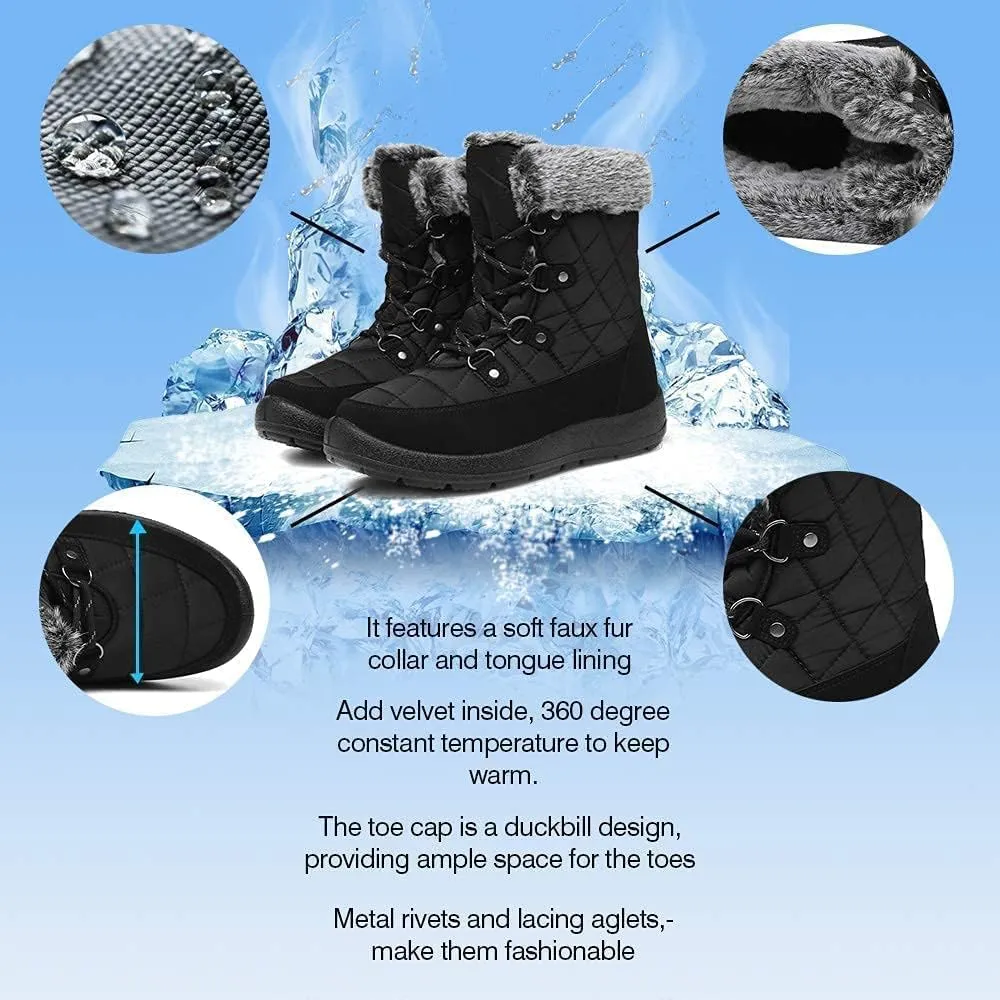 Winter Boots for Women - Soft Comfortable Faux Fur Mid Calf Winter Snow Boots Totes Boots Lace up Snow Boots Winter Boots with Insulated Black for Outdoor