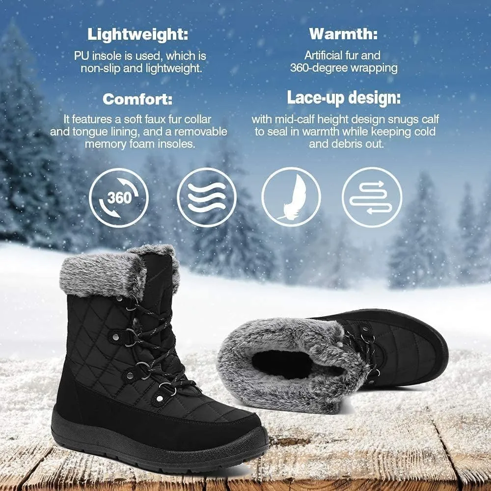 Winter Boots for Women - Soft Comfortable Faux Fur Mid Calf Winter Snow Boots Totes Boots Lace up Snow Boots Winter Boots with Insulated Black for Outdoor