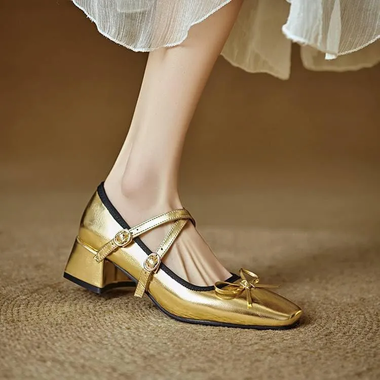 Women Bow Mary Jane Pumps Glossy Patent Square Toe Low Block Heels with Belt Buckles