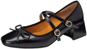 Women Bow Mary Jane Pumps Glossy Patent Square Toe Low Block Heels with Belt Buckles