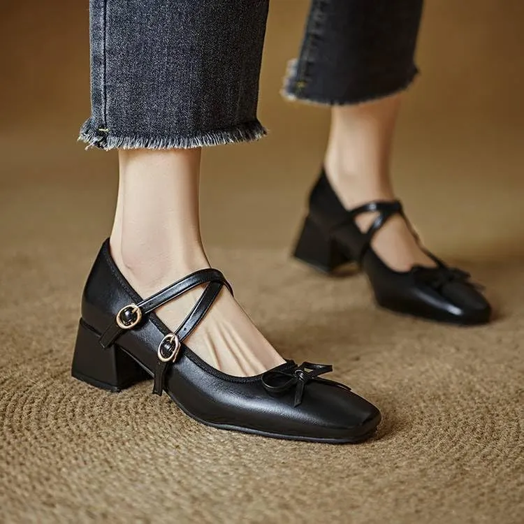 Women Bow Mary Jane Pumps Glossy Patent Square Toe Low Block Heels with Belt Buckles
