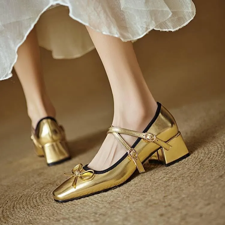 Women Bow Mary Jane Pumps Glossy Patent Square Toe Low Block Heels with Belt Buckles