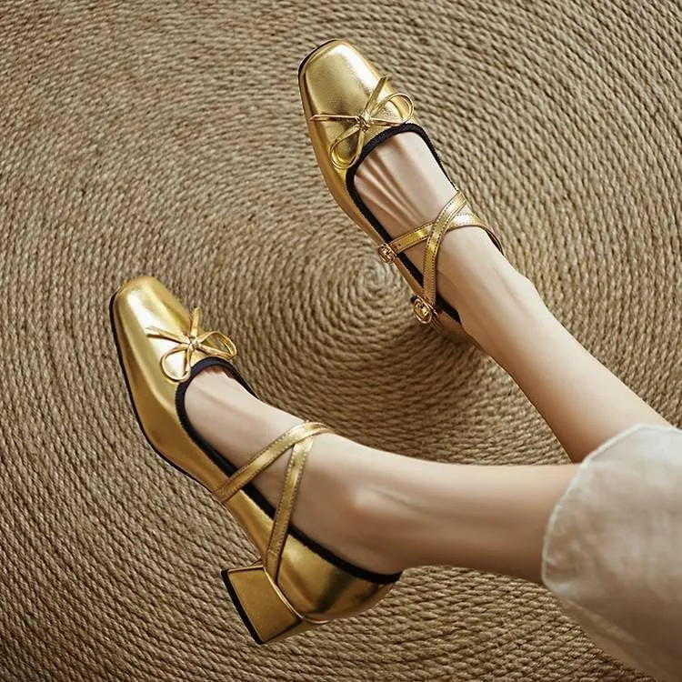Women Bow Mary Jane Pumps Glossy Patent Square Toe Low Block Heels with Belt Buckles