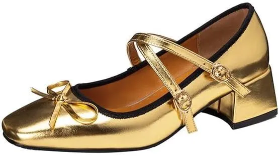 Women Bow Mary Jane Pumps Glossy Patent Square Toe Low Block Heels with Belt Buckles