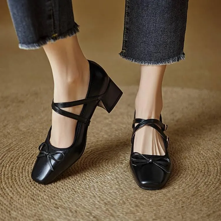 Women Bow Mary Jane Pumps Glossy Patent Square Toe Low Block Heels with Belt Buckles