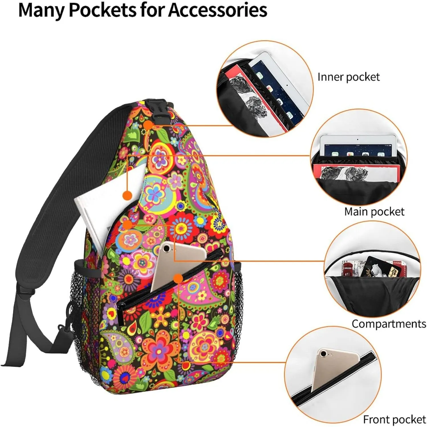 Women Colorful Seamless Paisley Crossbody Sling Backpack for Men Chest Bag Shoulder Bag Lightweight One Strap Backpack Travel Outdoor Daypack