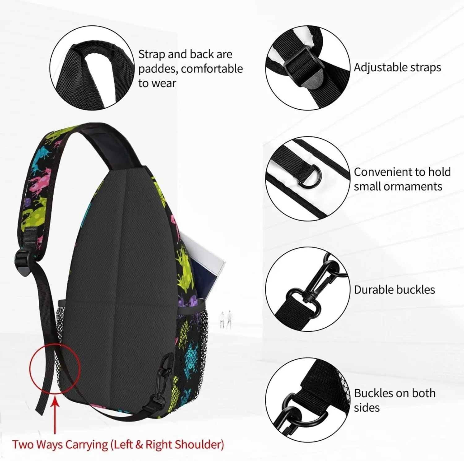 Women Frogs Colorful Seamless Pattern Crossbody Sling Backpack for Men Chest Bag Shoulder Bag Lightweight One Strap Backpack Travel Outdoor Daypack