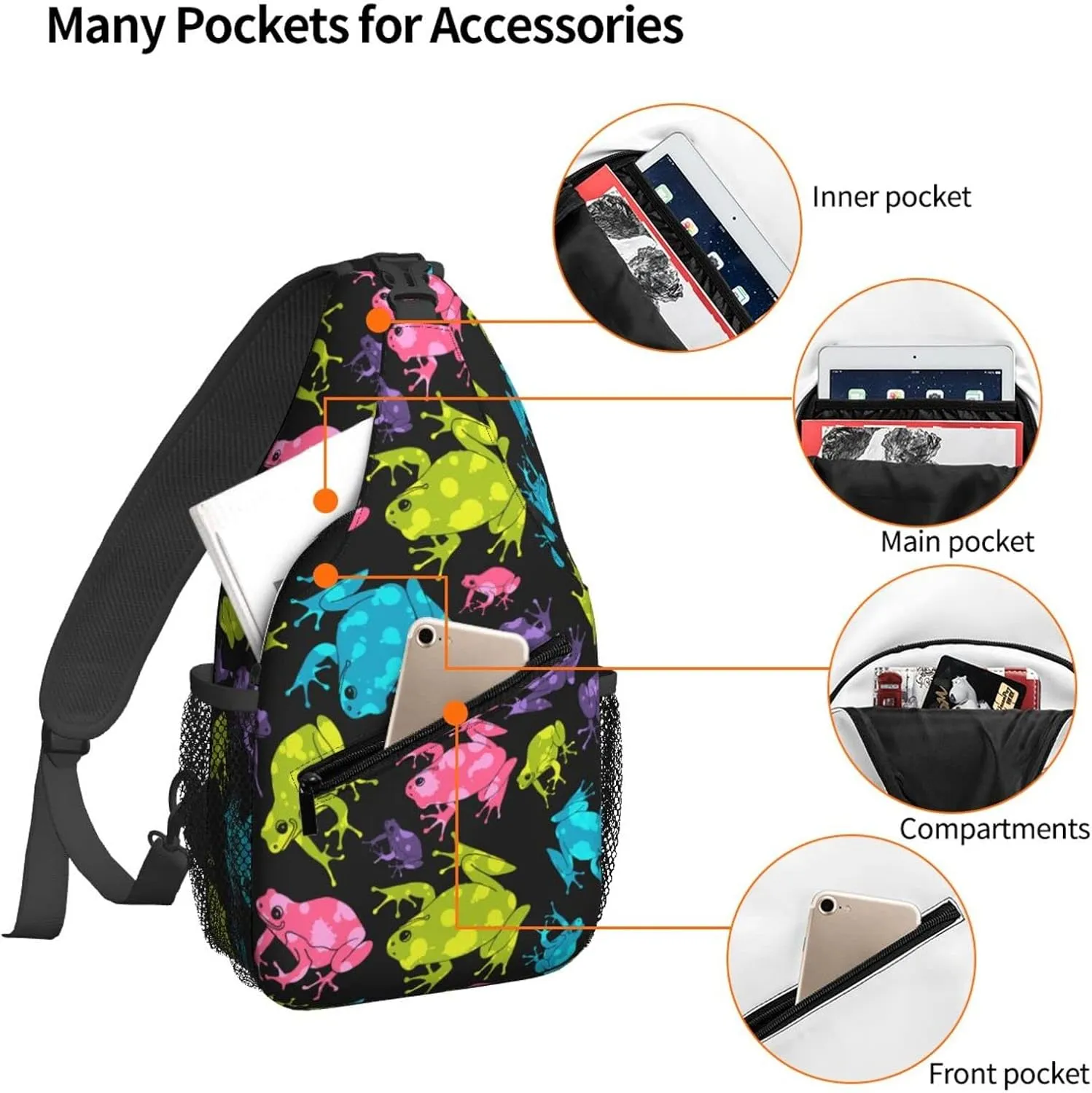 Women Frogs Colorful Seamless Pattern Crossbody Sling Backpack for Men Chest Bag Shoulder Bag Lightweight One Strap Backpack Travel Outdoor Daypack