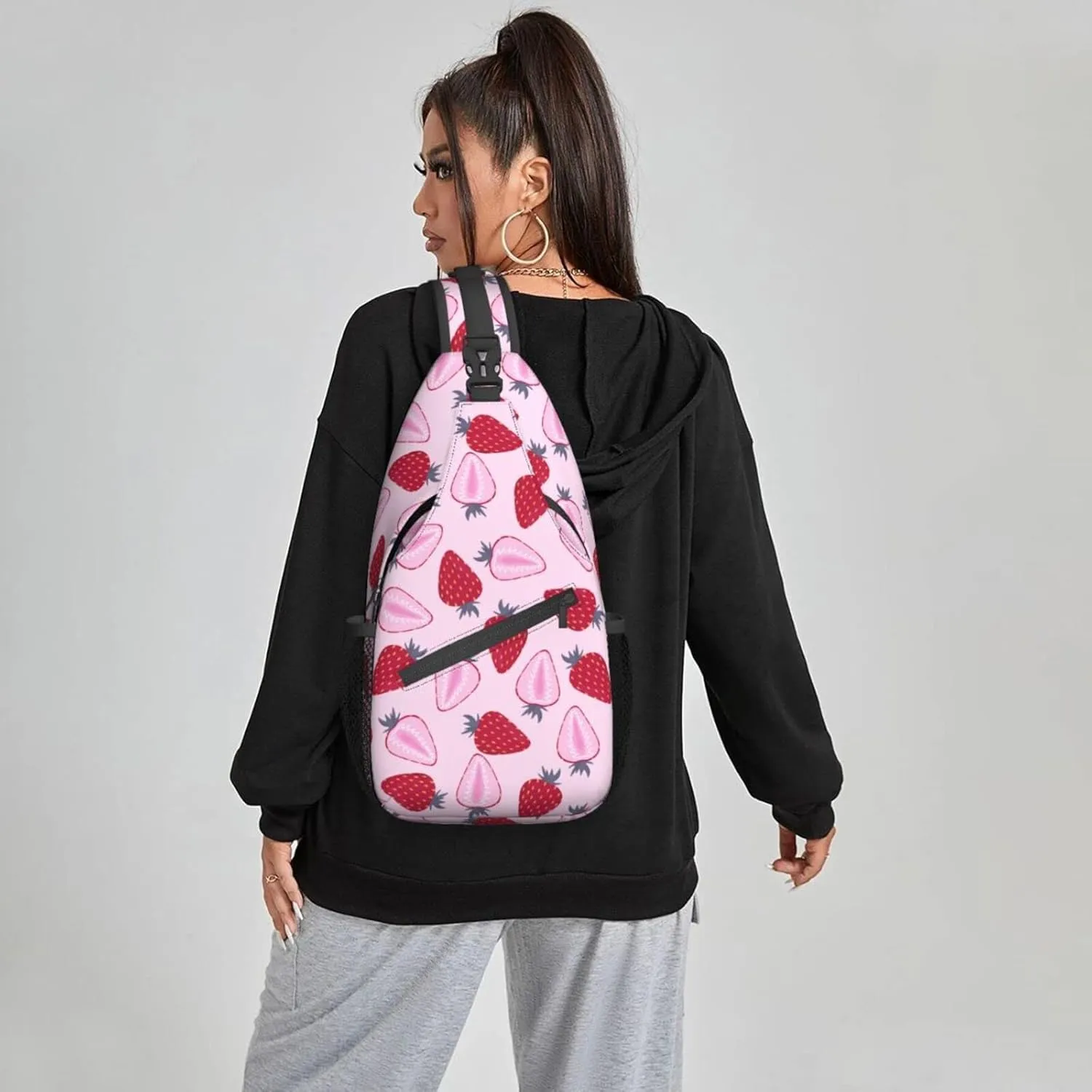 Women Half Strawberry Pattern Fruit Crossbody Sling Backpack for Men Chest Bag Shoulder Bag Lightweight One Strap Backpack Travel Outdoor Daypack