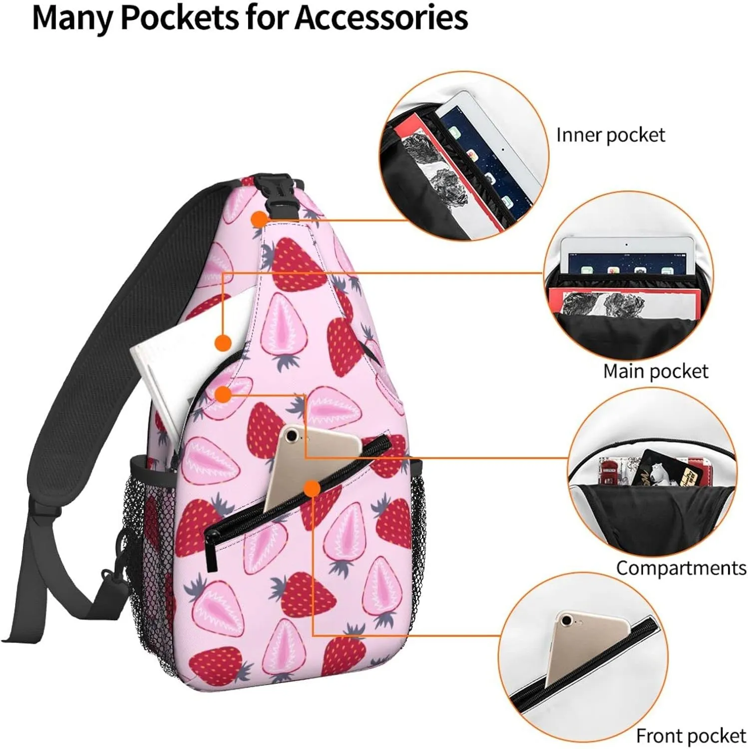 Women Half Strawberry Pattern Fruit Crossbody Sling Backpack for Men Chest Bag Shoulder Bag Lightweight One Strap Backpack Travel Outdoor Daypack