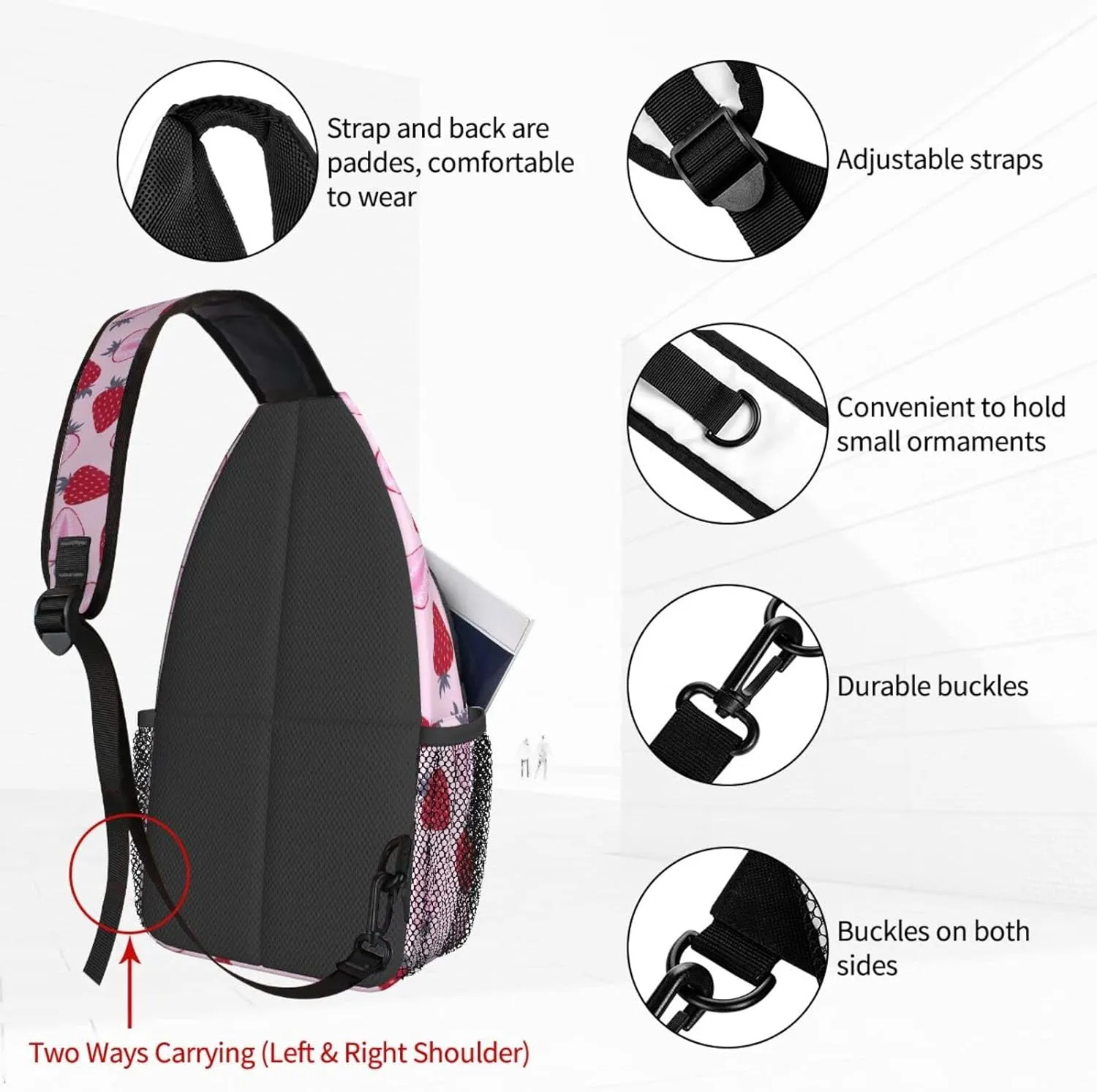 Women Half Strawberry Pattern Fruit Crossbody Sling Backpack for Men Chest Bag Shoulder Bag Lightweight One Strap Backpack Travel Outdoor Daypack