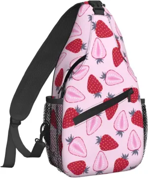 Women Half Strawberry Pattern Fruit Crossbody Sling Backpack for Men Chest Bag Shoulder Bag Lightweight One Strap Backpack Travel Outdoor Daypack