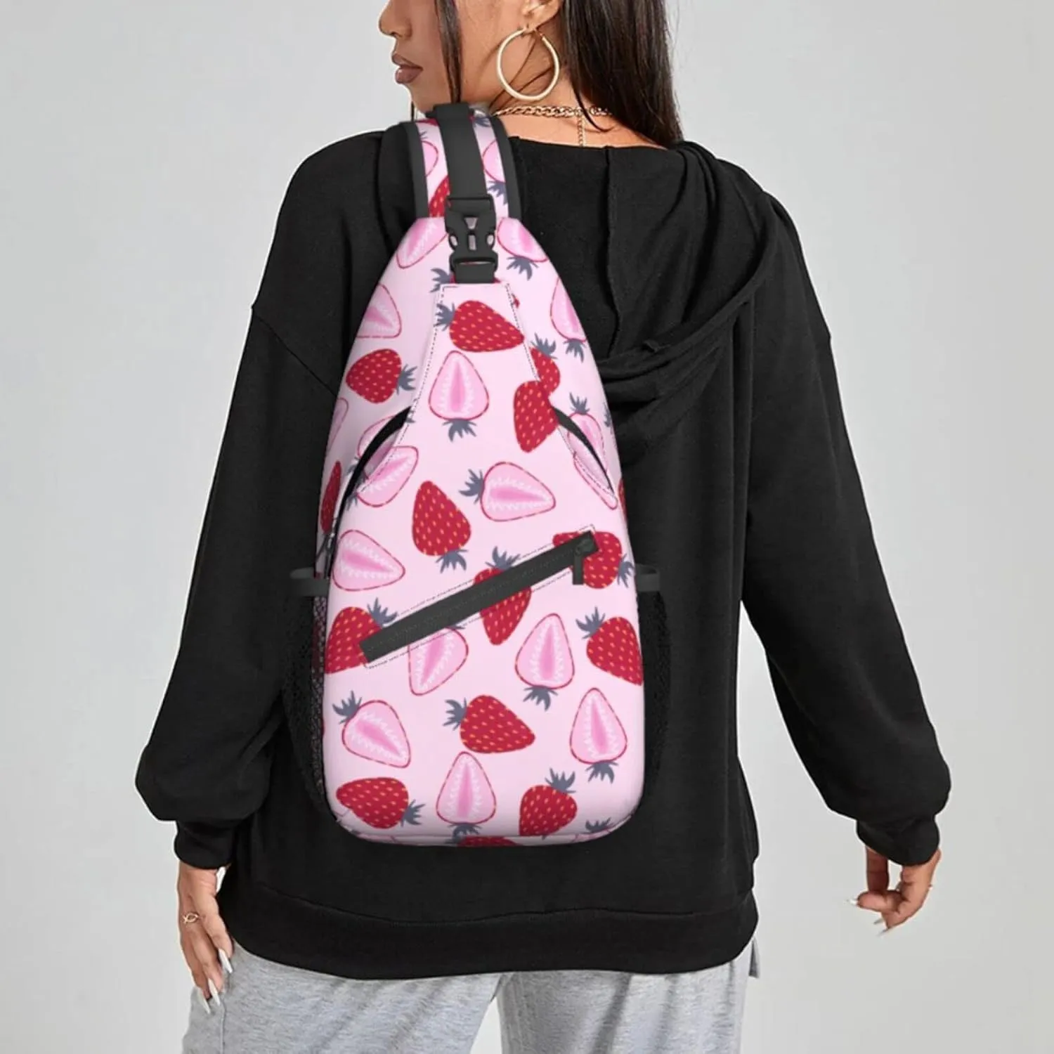 Women Half Strawberry Pattern Fruit Crossbody Sling Backpack for Men Chest Bag Shoulder Bag Lightweight One Strap Backpack Travel Outdoor Daypack